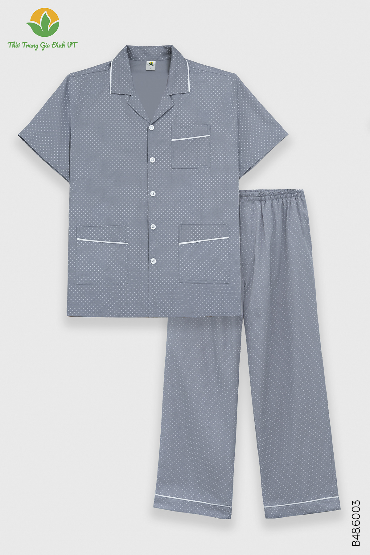 B48.6003. Bộ pijama cotton nam quần dài áo cộc tay