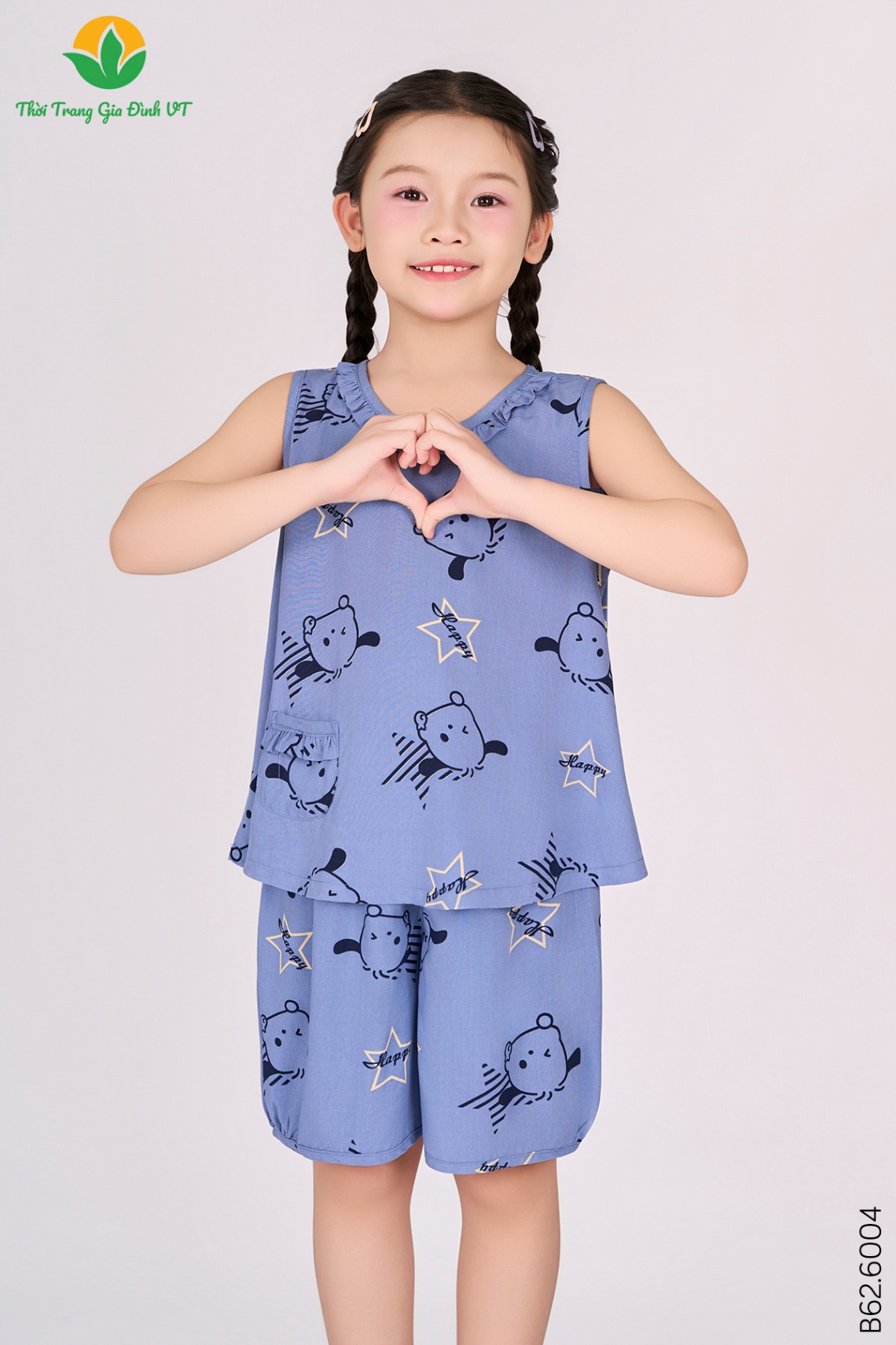 B62.6004. Bộ lanh bé gái quần đùi áo sát nách