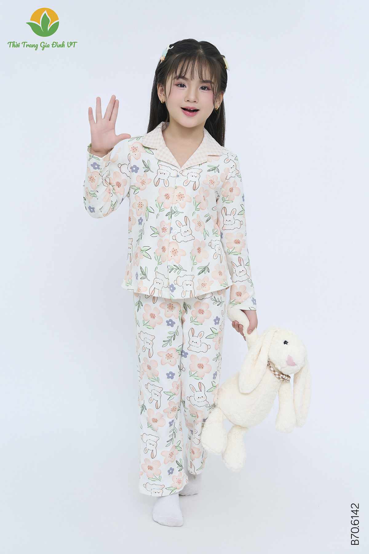 B70.6142. Bộ pijjama cotton dệt kim bé gái quần dài áo dài tay