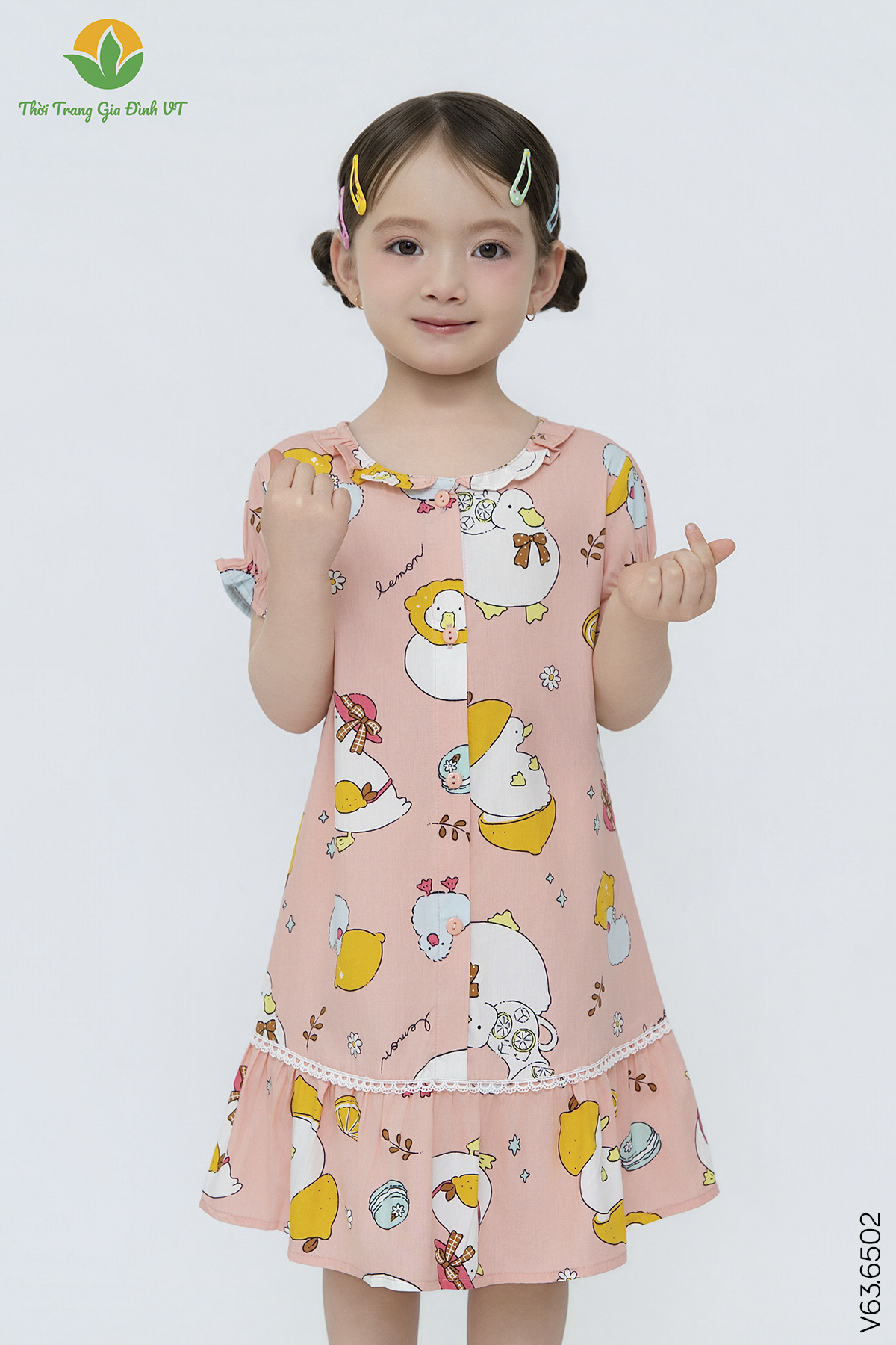 V63.6502. Váy cotton rayon bé gái cộc tay