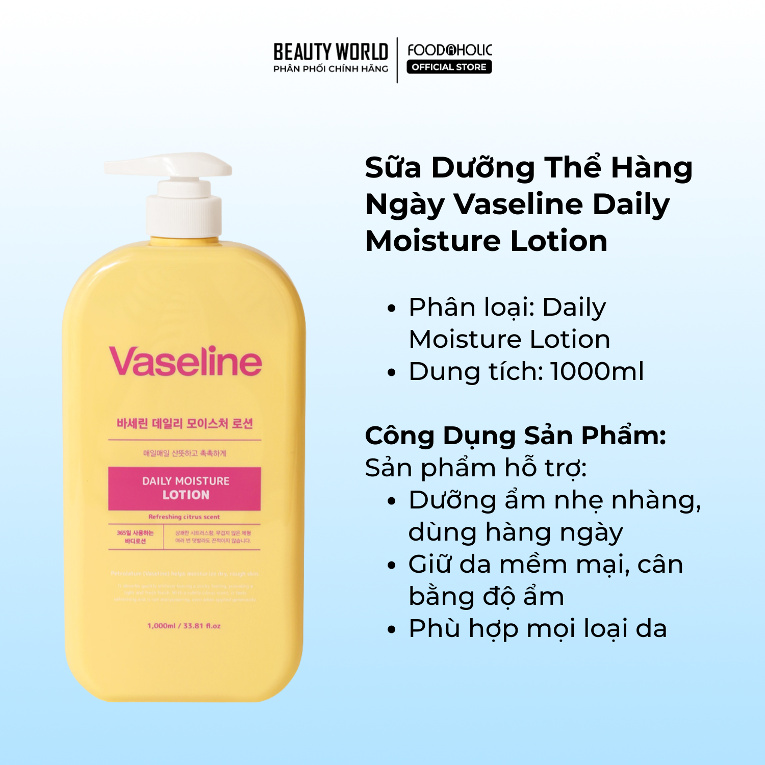 Sữa Dưỡng Thể Foodaholic Vaseline Lotion Dưỡng Ẩm Da Giúp Da Mềm Mịn 1000ml