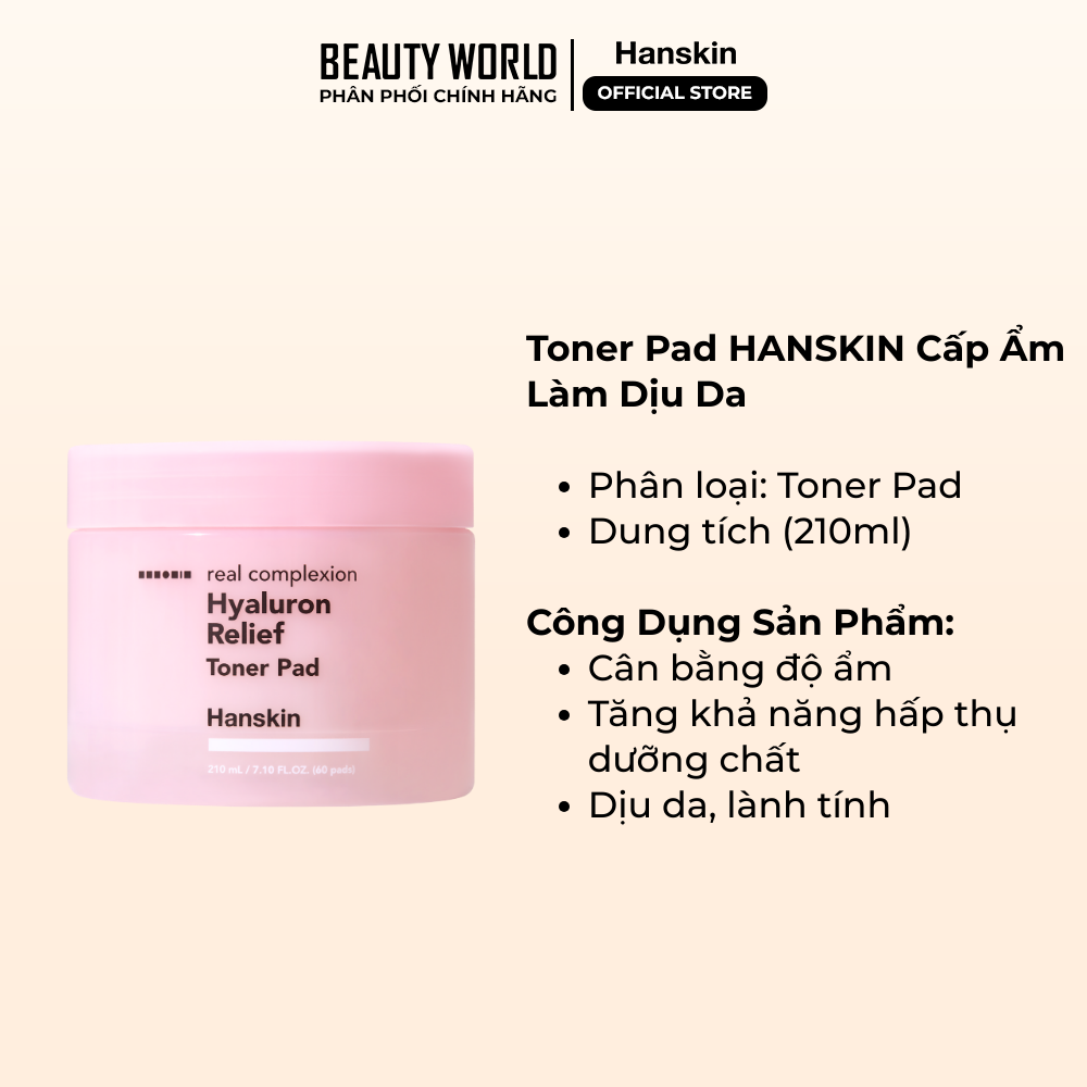 Toner Pad Cấp Ẩm Làm Dịu Da Hanskin Real Complexion Hyaluron Relief Toner Pad 60 Miếng/210ml