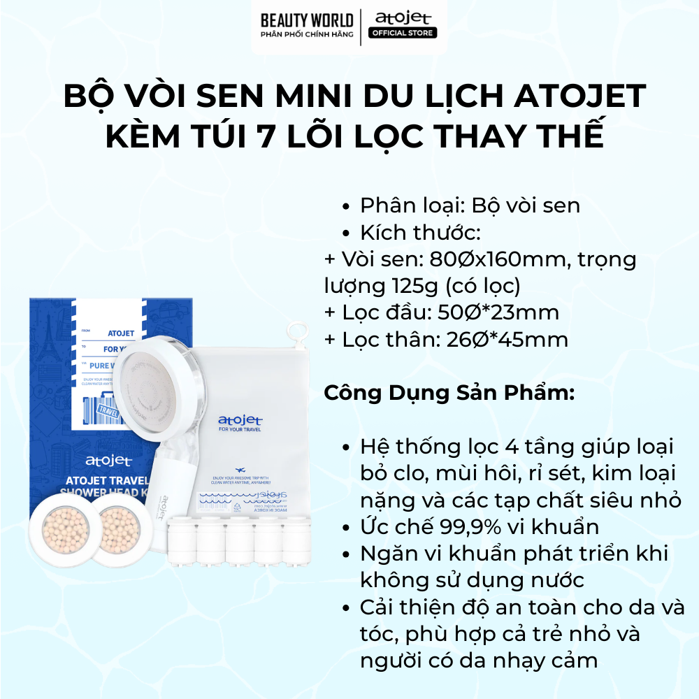 Bộ Vòi Sen Mini Du Lịch Atojet Kèm Túi 7 Lõi Lọc Thay Thể