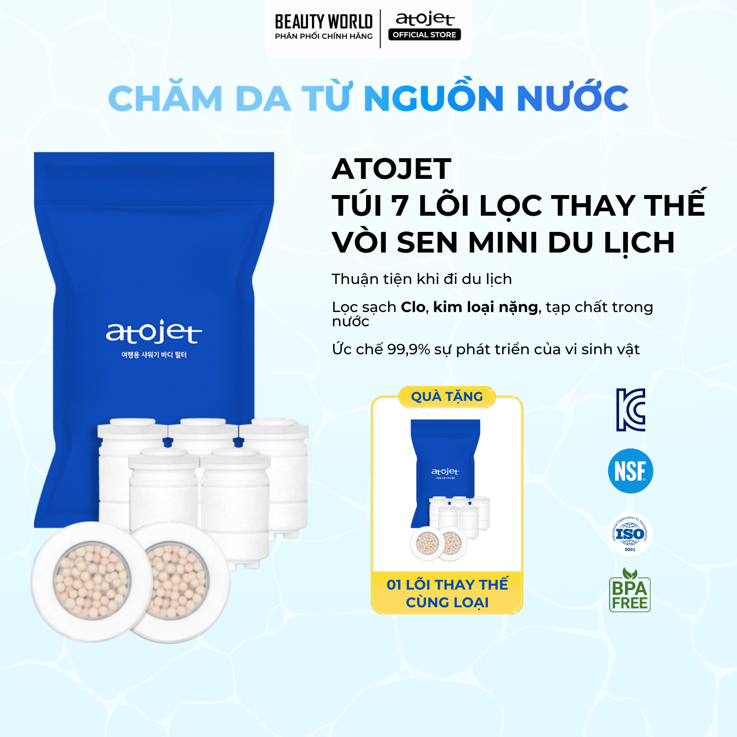 Bộ Vòi Sen Mini Du Lịch Atojet Kèm Túi 7 Lõi Lọc Thay Thể