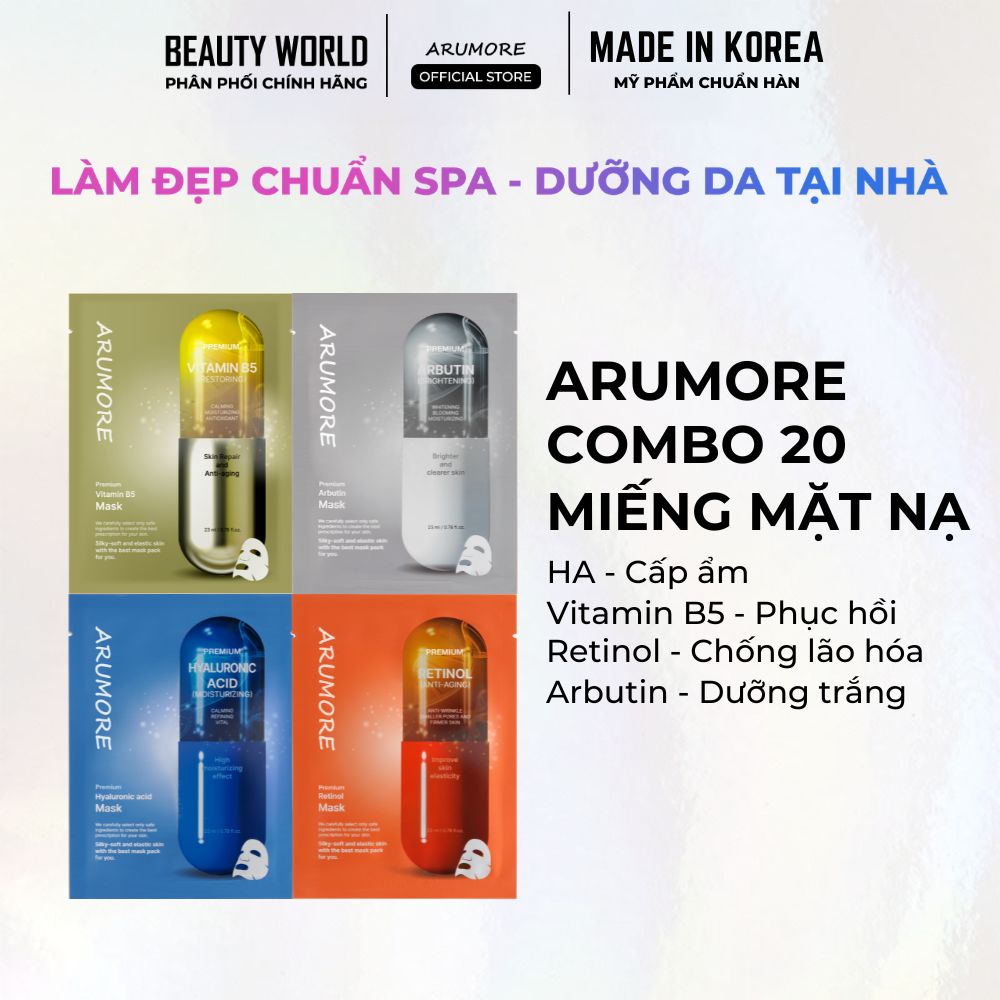 Combo 20 Mặt Nạ Mix Arumore Premium Dưỡng Ẩm Làm Sáng Làm Dịu Da 23ml