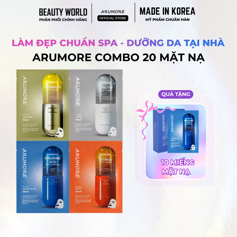 Combo 20 Mặt Nạ Mix Arumore Premium Dưỡng Ẩm Làm Sáng Làm Dịu Da 23ml
