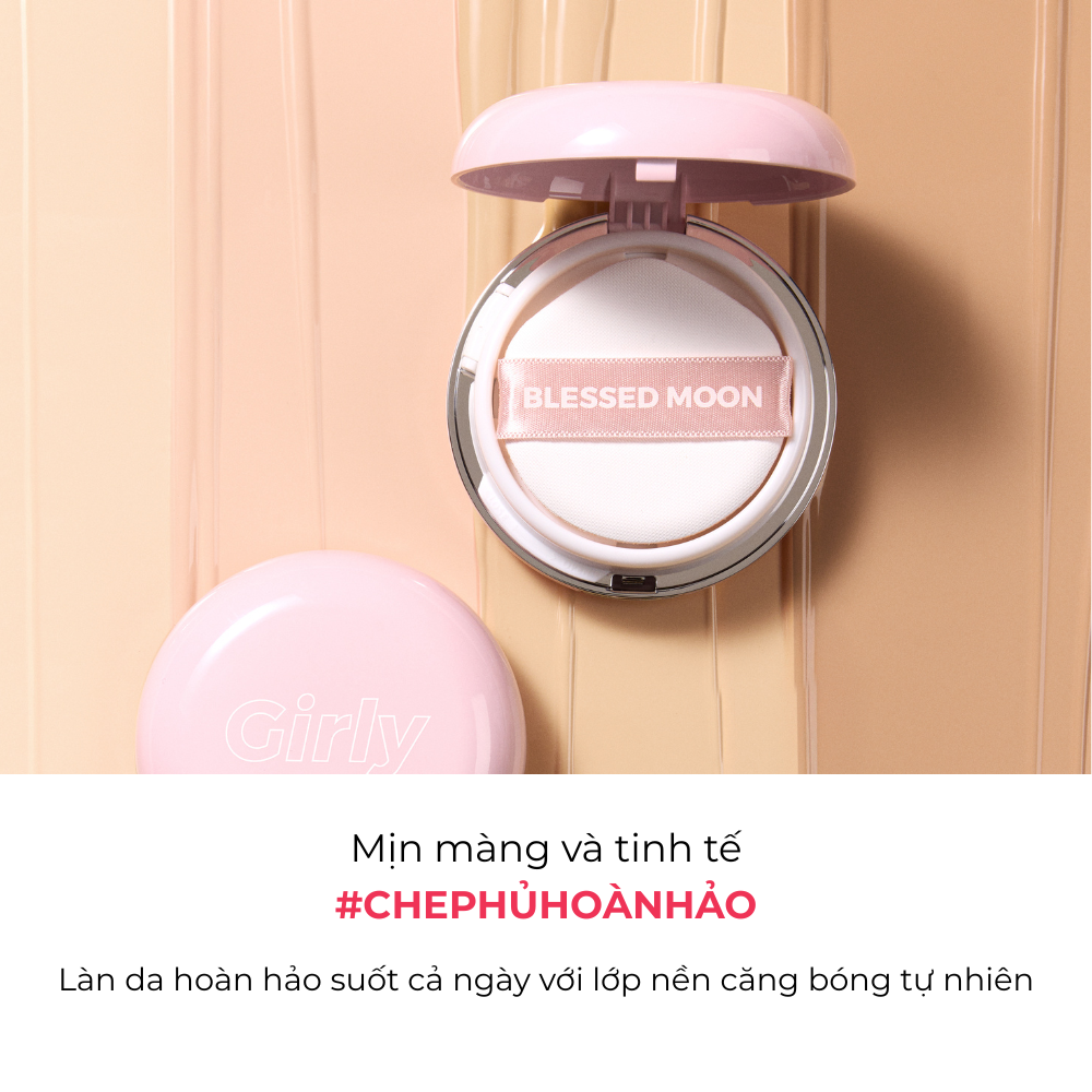 Phấn Nước Chống Nắng Blessed Moon Girly Serum Cushion SPF50+ PA+++ Mỏng Nhẹ, Che Phủ Khuyết Điểm, Căng Bóng Tự Nhiên 15G