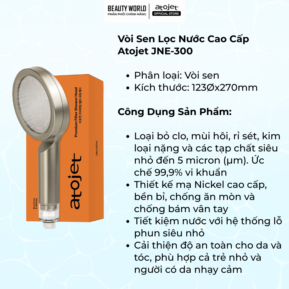 Vòi Sen Lọc Nước Cao Cấp Atojet JNE-300 Lọc Clo Khử Mùi Lọc Kim Loại Nặng Hỗ Trợ Bảo Vệ Da Tóc