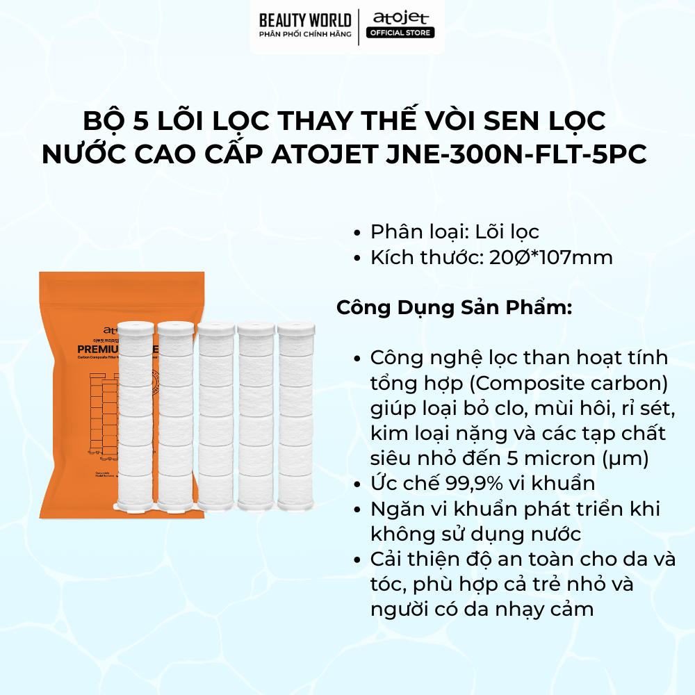 Vòi Sen Lọc Nước Cao Cấp Atojet JNE-300 Lọc Clo Khử Mùi Lọc Kim Loại Nặng Hỗ Trợ Bảo Vệ Da Tóc