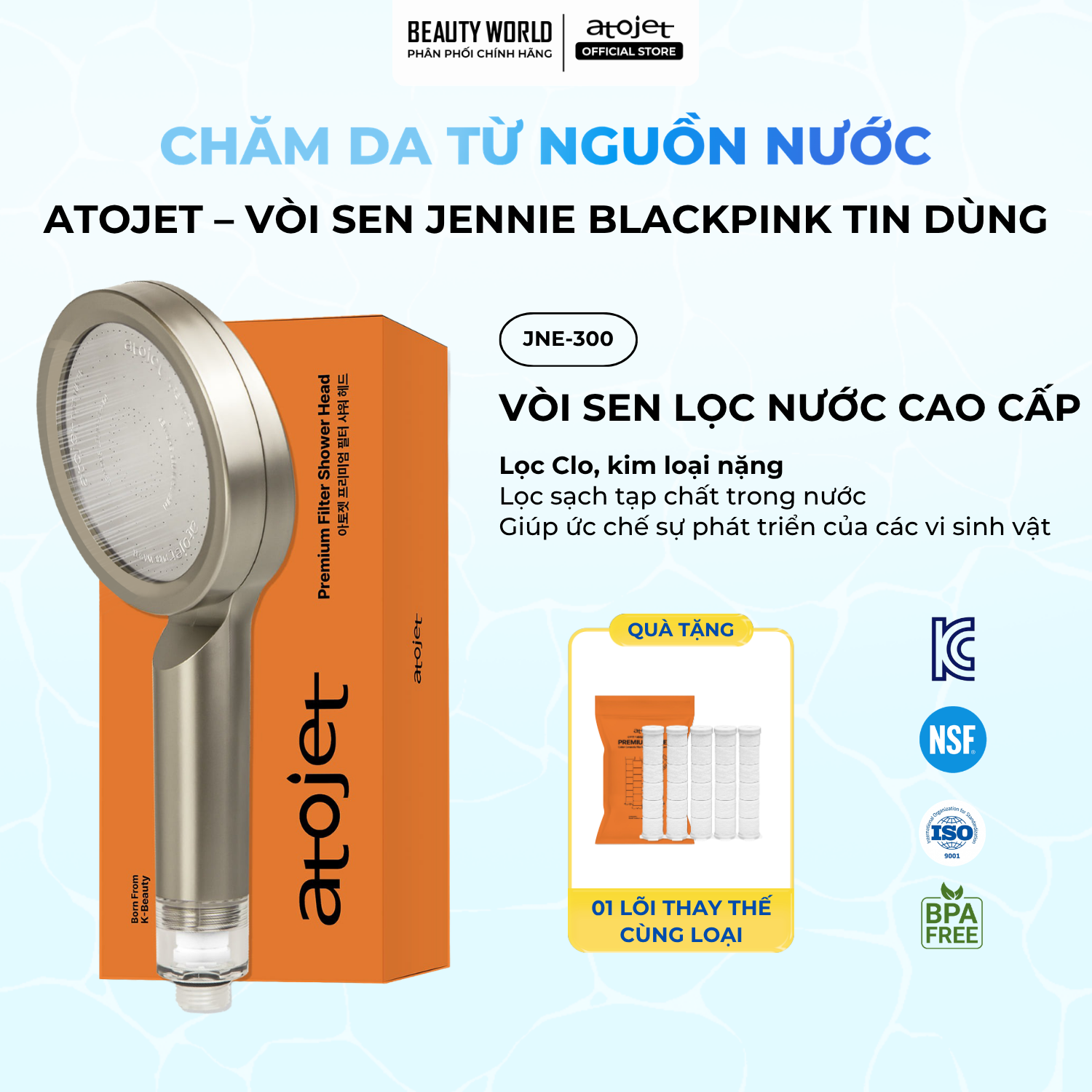 Vòi Sen Lọc Nước Cao Cấp Atojet JNE-300 Lọc Clo Khử Mùi Lọc Kim Loại Nặng Hỗ Trợ Bảo Vệ Da Tóc