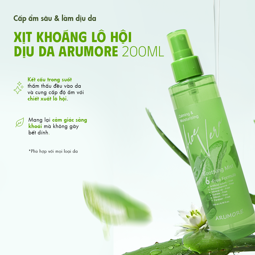 Xịt Khoáng Lô Hội Dưỡng Ẩm Và Làm Dịu Da ARUMORE ALOE VERA SOOTHING MIST 200ml