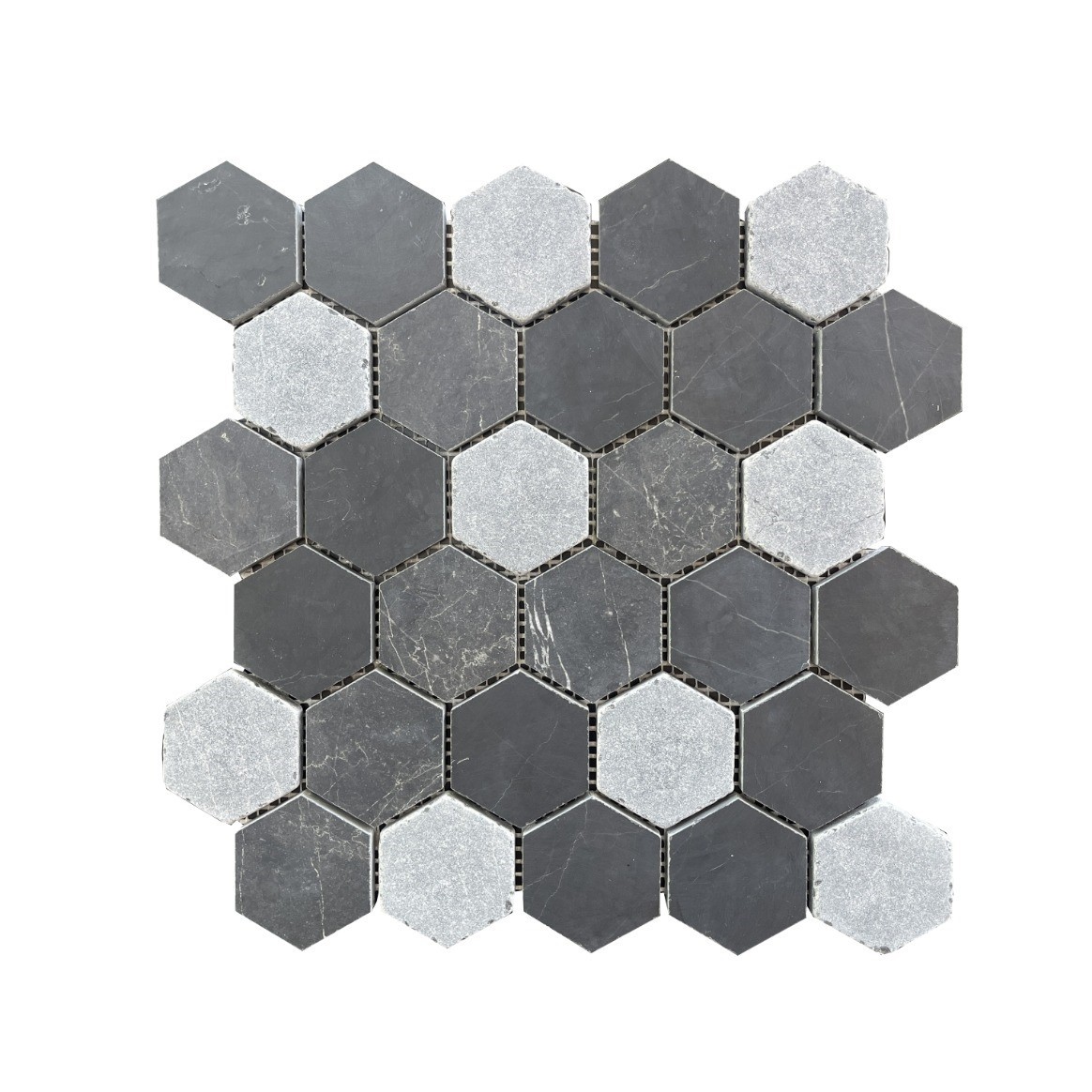 Đá Mosaic Đen, Ghi Nhạt Mài Hone, Rung Giả Cổ Hex 2''