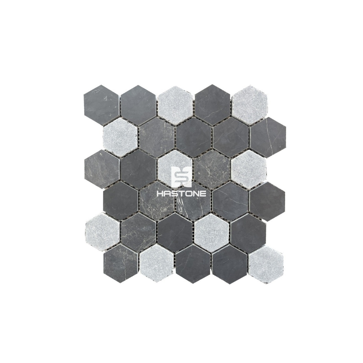 Đá Mosaic Hex 2'' Đen, Ghi Nhạt Honed, Rung