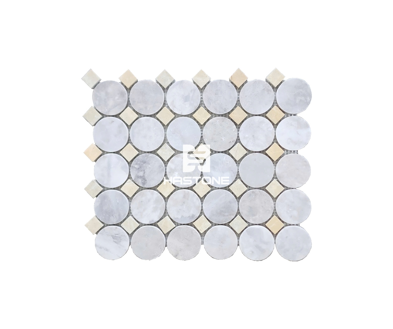Đá Mosaic Bi Tròn Ghi Nhạt Điểm Vàng Chanh