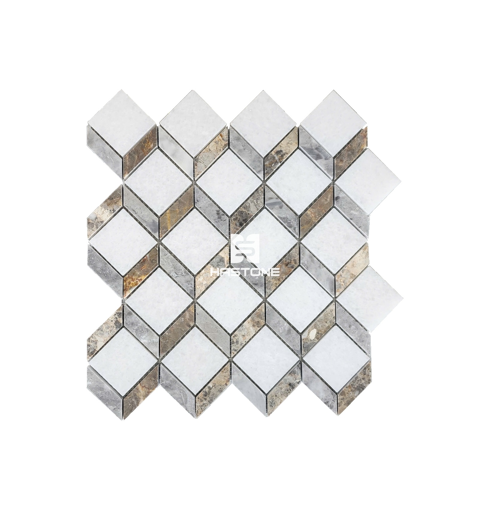 Đá Mosaic 3D Vuông Trắng Muối, Ghi Nhạt, Vàng Dăm Kết Bóng