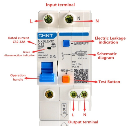 Át chống rò NXBLE-32 32A 1P+N / chính hãng Chint / Aptomat chống giật RCBO C32
