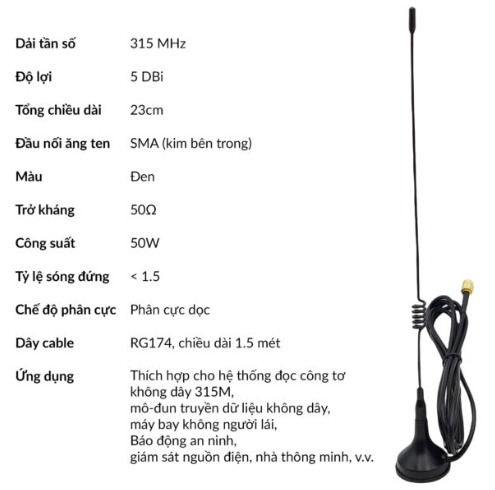 Anten RF 315Mhz 5dBi 7dBi, anten cốc hút đầu ra SMA 7dBi