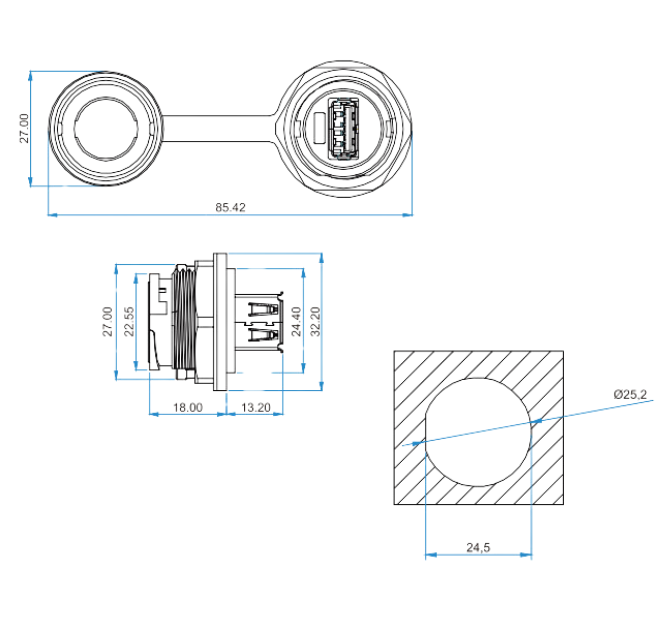 Giắc USB gắn tủ bảng điện, hộp điều khiển công nghiệp.