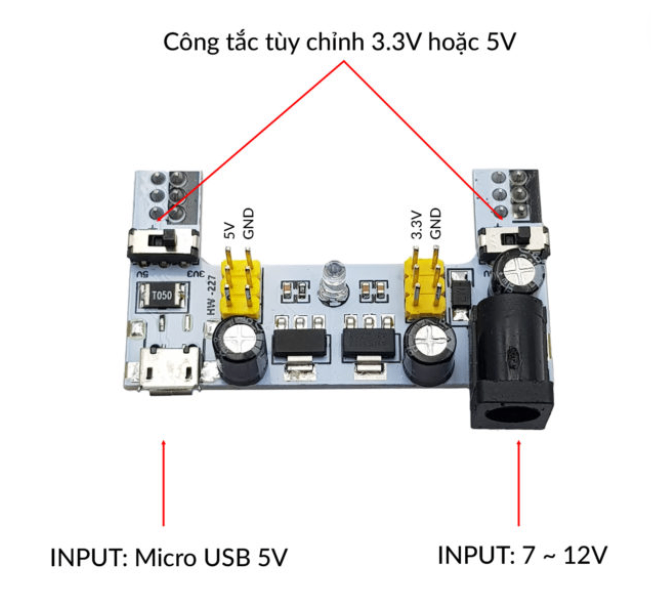 Mạch nguồn cho Testboard Breadboard MB-102 830 ngõ ra 3.3V / 5V Đầu vào Micro USB