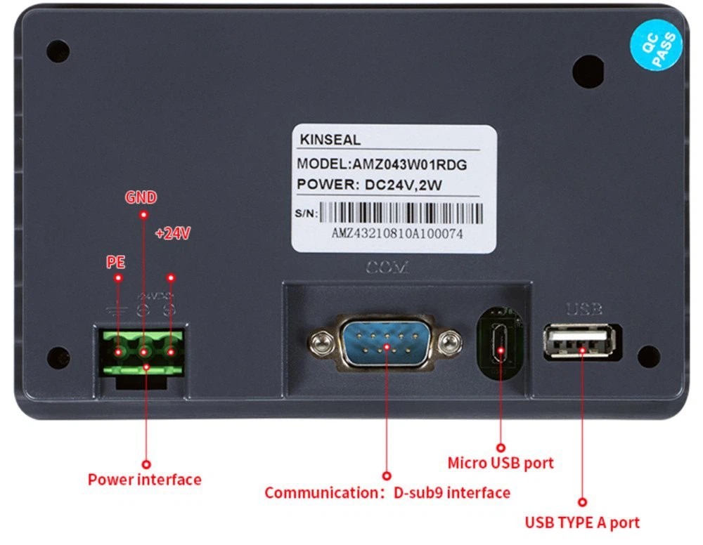 Màn hình cảm ứng HMI Kinseal AMZ043W01RDG 4.3 inch AMZ043 RS232 RS485 RS422 cổng tín hiệu DB9 12-24VDC 132X80 AMZ