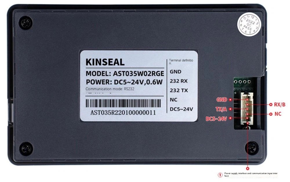 Màn hình cảm ứng HMI Kinseal AST035W02RGE 3,5 Inch AST035 RS232 dây tín hiệu 5P PH2.0 DC5-24V 107X65 AST