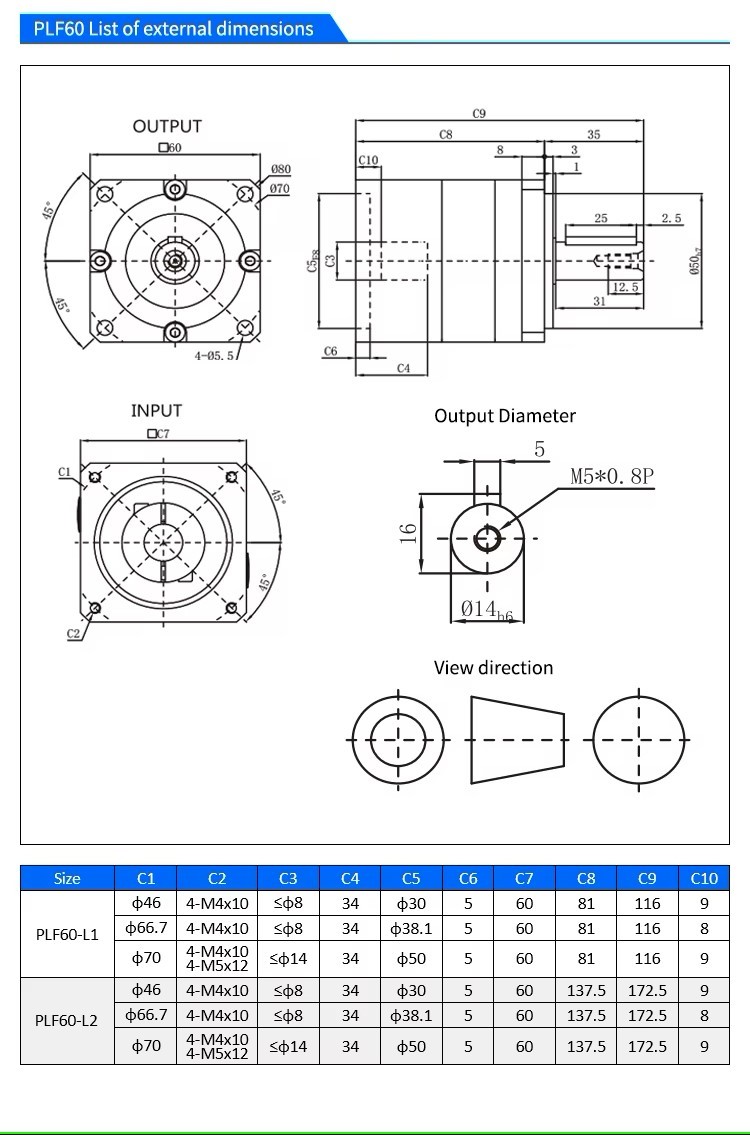 Hộp số giảm tốc SERVO  PLF60 cho động cơ servo mặt bích 60 lỗ vào 14 ra trục14 tỉ số truyền 1:7