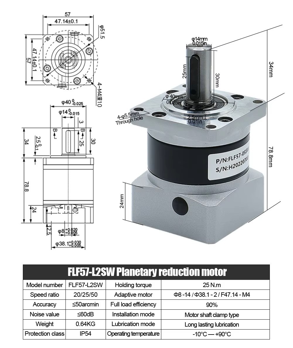 Hộp số giảm tốc STEP FLF57 cho động cơ step mặt bích 57 lỗ vào 8 ra trục 14 tỉ số truyền 1:5