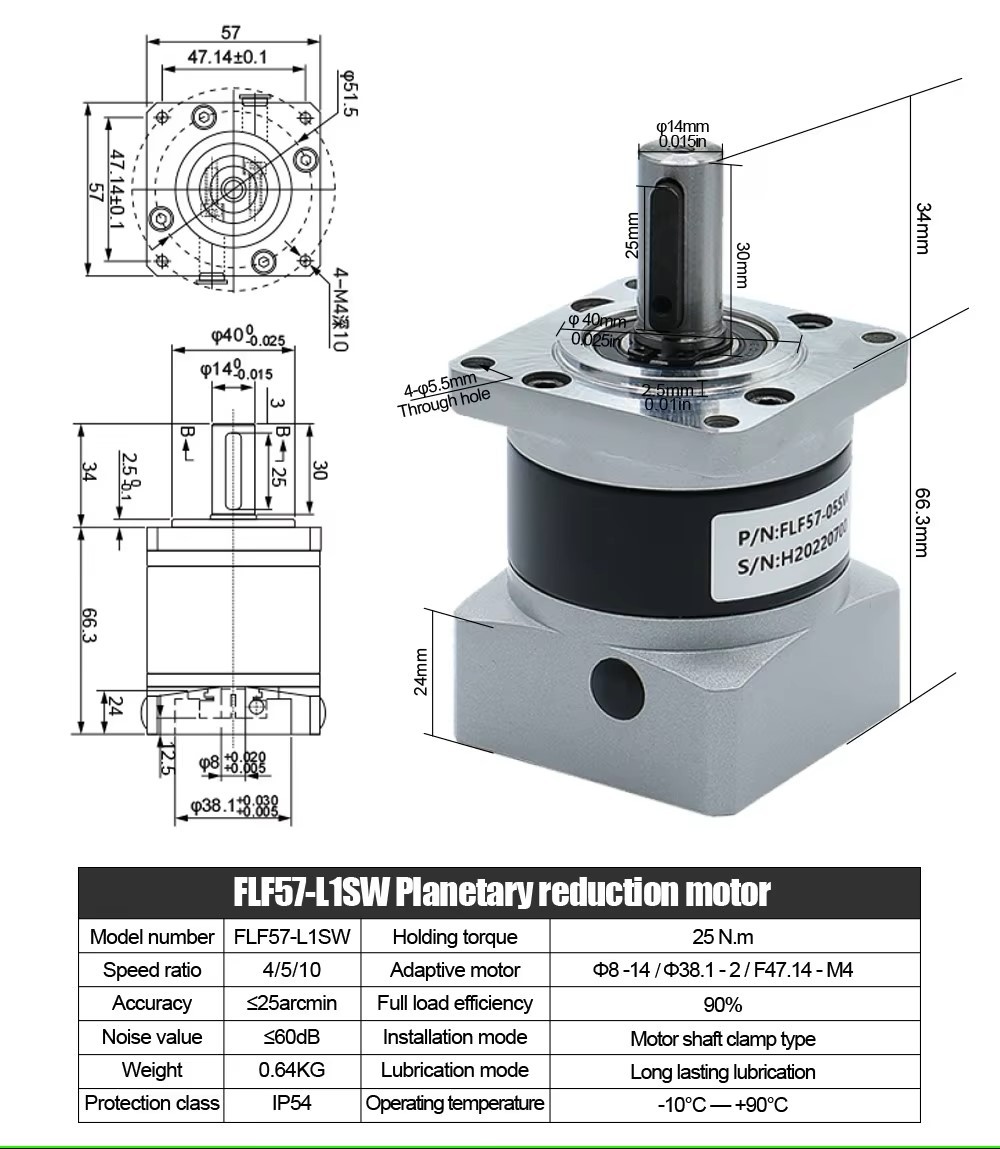 Hộp số giảm tốc STEP FLF57 cho động cơ step mặt bích 57 lỗ vào 8 ra trục 14 tỉ số truyền 1:10