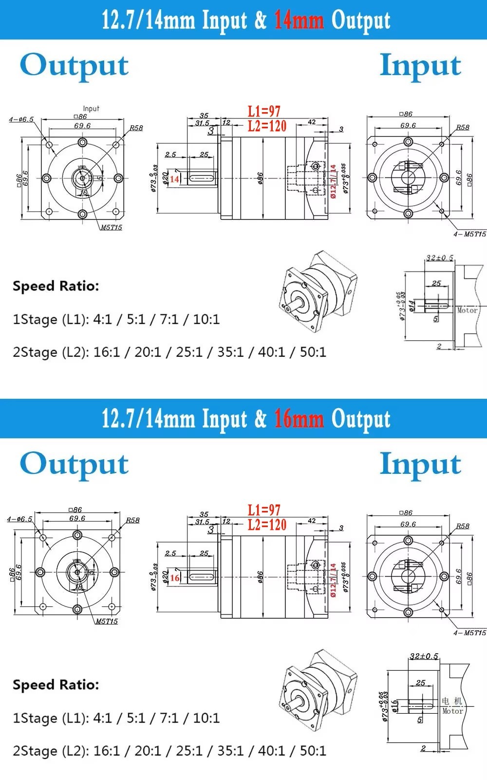 Hộp số giảm tốc SERVO  DLF86 tỉ số truyền 1:16