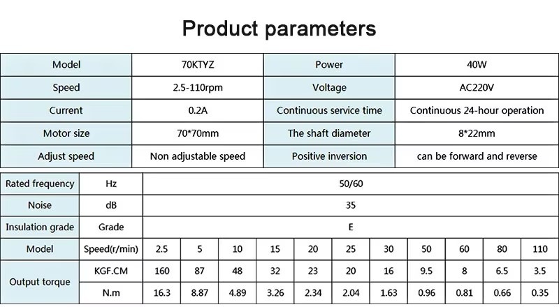 Động Cơ motor giảm tốc 70KTYZ 110R 110 vòng quay phút  trục 8mm 40W 220VAC 1 Pha có đảo chiều quay CW/CCW