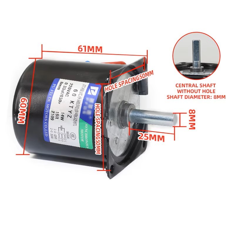 Động Cơ motor giảm tốc 60KTYZ 2.5R 2,5 vòng quay phút  trục tròn có lỗ 7mm 220VAC 1 Pha có đảo chiều quay CW/CCW