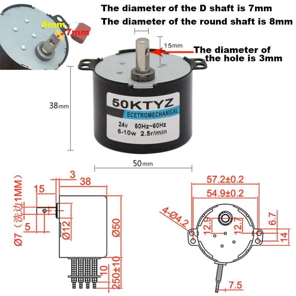 Động Cơ motor giảm tốc 50KTYZ 2.5R 2,5 vòng quay phút  trục tròn có lỗ 7mm 6W 220VAC 1 Pha có đảo chiều quay CW/CCW