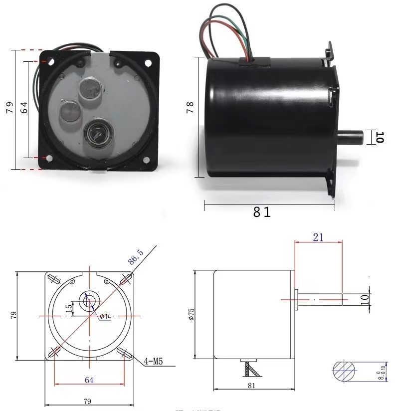 Động cơ motor giảm tốc 80KTYZ 80R 80 vòng quay phút trục 10mm 60W 220VAC 1 Pha có đảo chiều quay CW/CCW