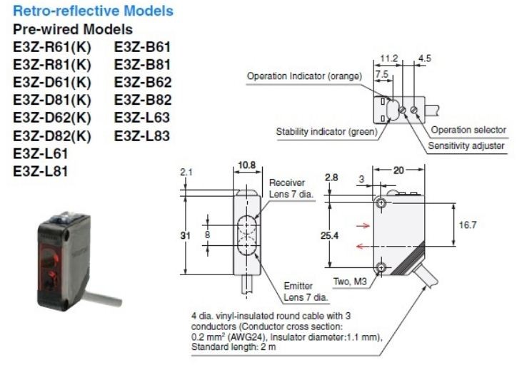 Cảm biến quang E3Z-R81 PNP NO/NC khoảng cách điều chỉnh 5-100mm