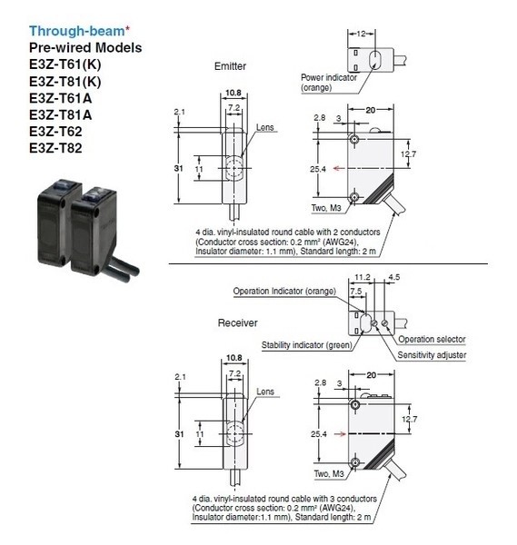 Cảm biến quang E3Z-T81 PNP NO/NC khoảng cách điều chỉnh 5-100MM