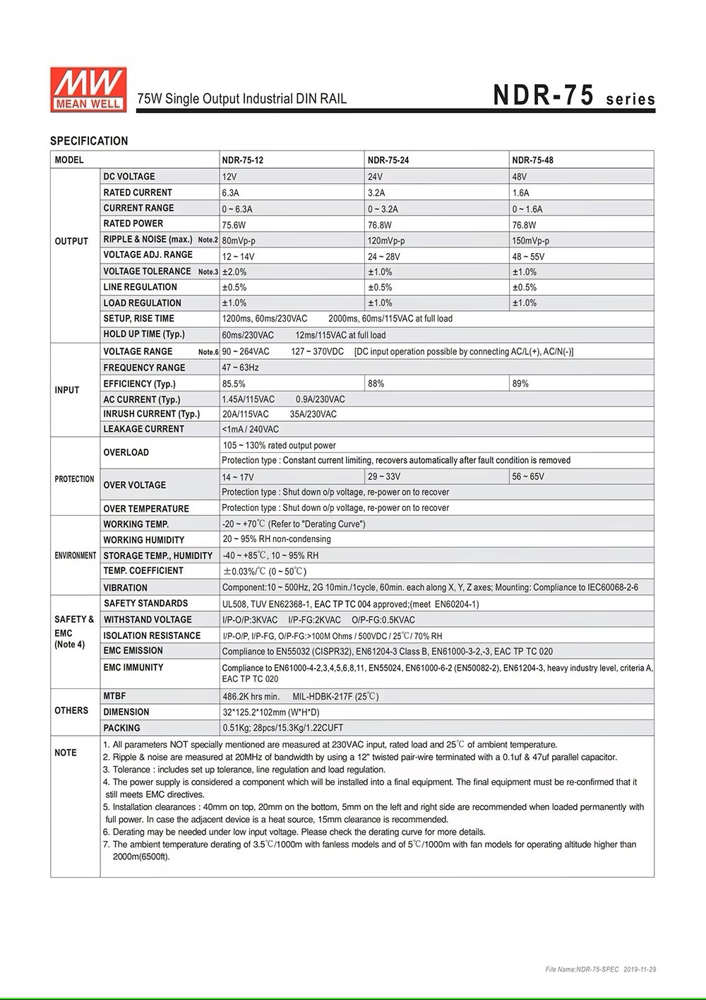 Bộ nguồn NDR-75-12 MEAN WELL 75W 12V 6.3A AC 90-264V / DC 127-370V tổ ong gài ray