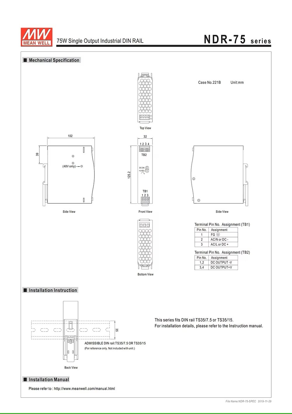 Bộ nguồn NDR-75-12 MEAN WELL 75W 12V 6.3A AC 90-264V / DC 127-370V tổ ong gài ray