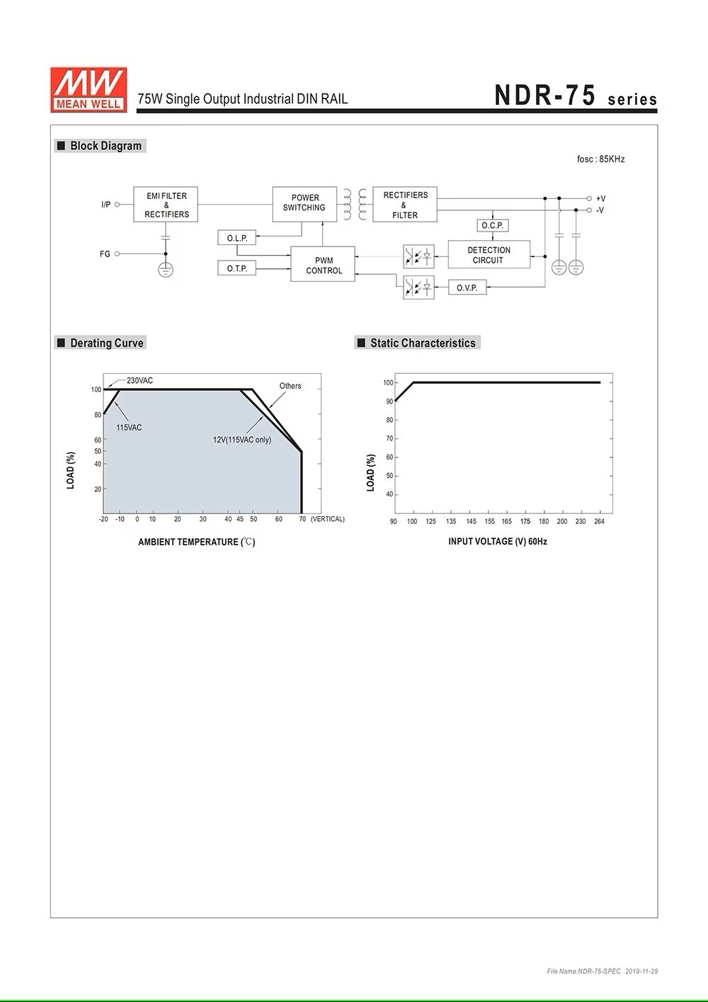 Bộ nguồn NDR-75-12 MEAN WELL 75W 12V 6.3A AC 90-264V / DC 127-370V tổ ong gài ray