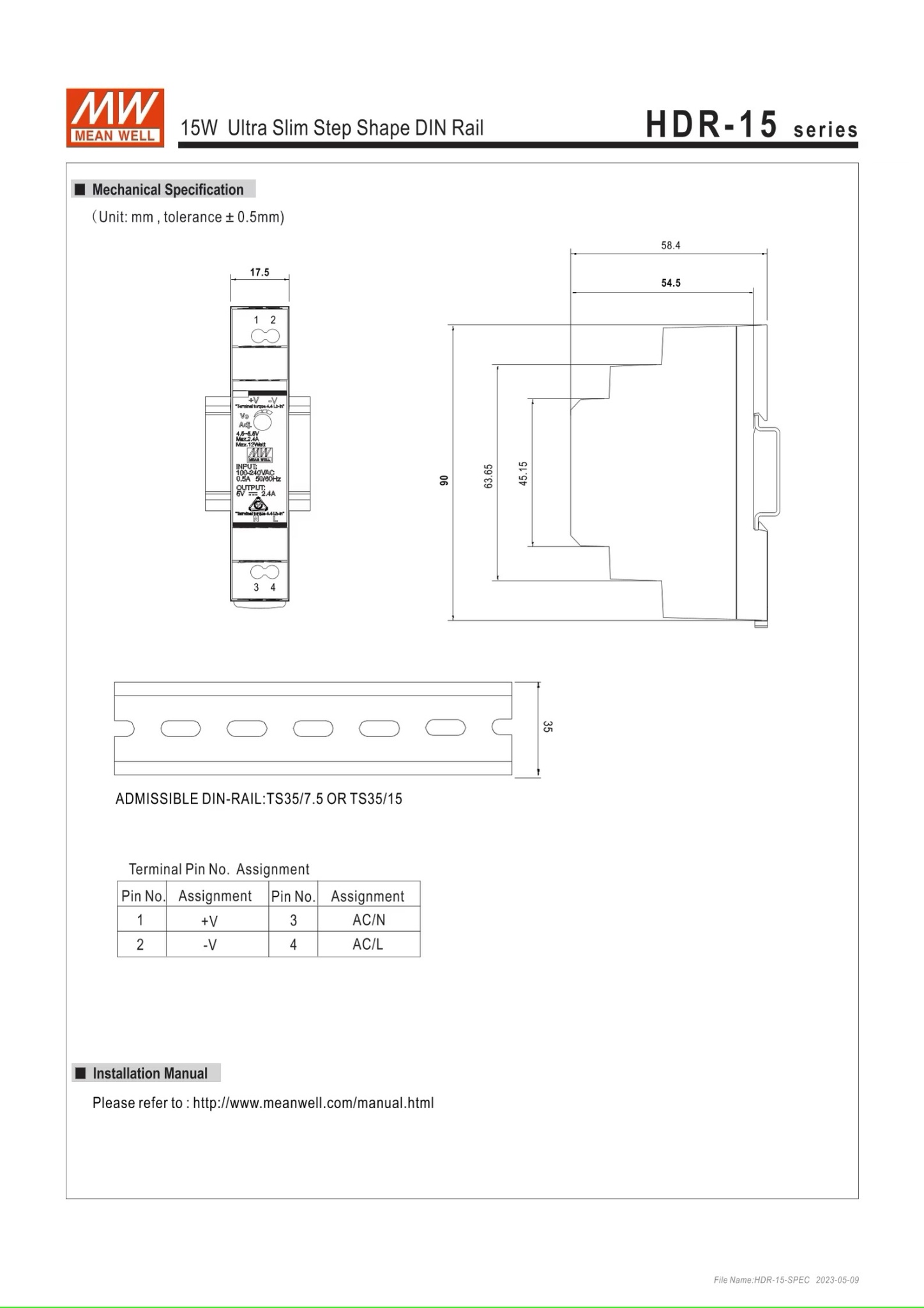 Bộ nguồn HDR-15-5 MEAN WELL 12W 5V 2.4A Cấp nguồn 85VAC-264VAC / 120VDC-370VDC bộ nguồn gài ray