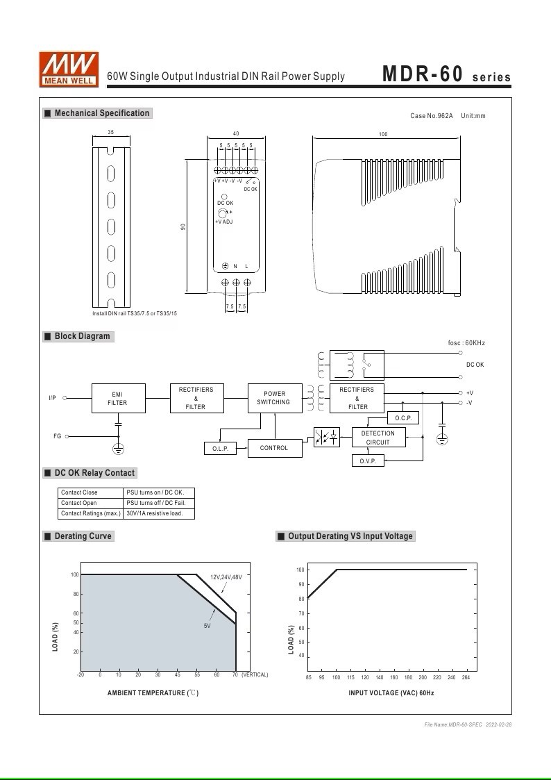 Bộ nguồn MDR-60-12 MEAN WELL 60W 12V 5A Cấp nguồn 85VAC-264VAC / 120VDC-370VDC bộ nguồn gài ray