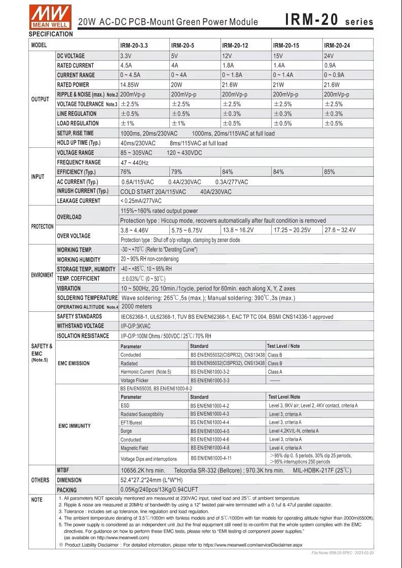 Bộ nguồn MEAN WELL IRM -20-24 21.6W 24V 0.9A loại chân cắm Cấp nguồn 85VAC-364VAC / 120VDC-370VDC