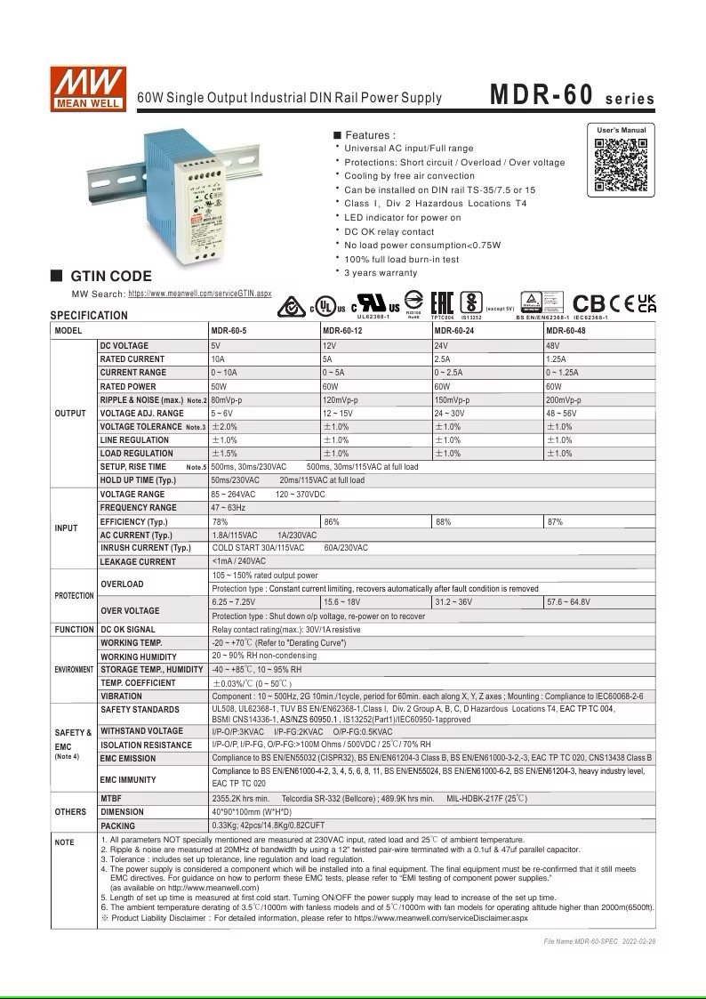 Bộ nguồn MDR-60-12 MEAN WELL 60W 12V 5A Cấp nguồn 85VAC-264VAC / 120VDC-370VDC bộ nguồn gài ray