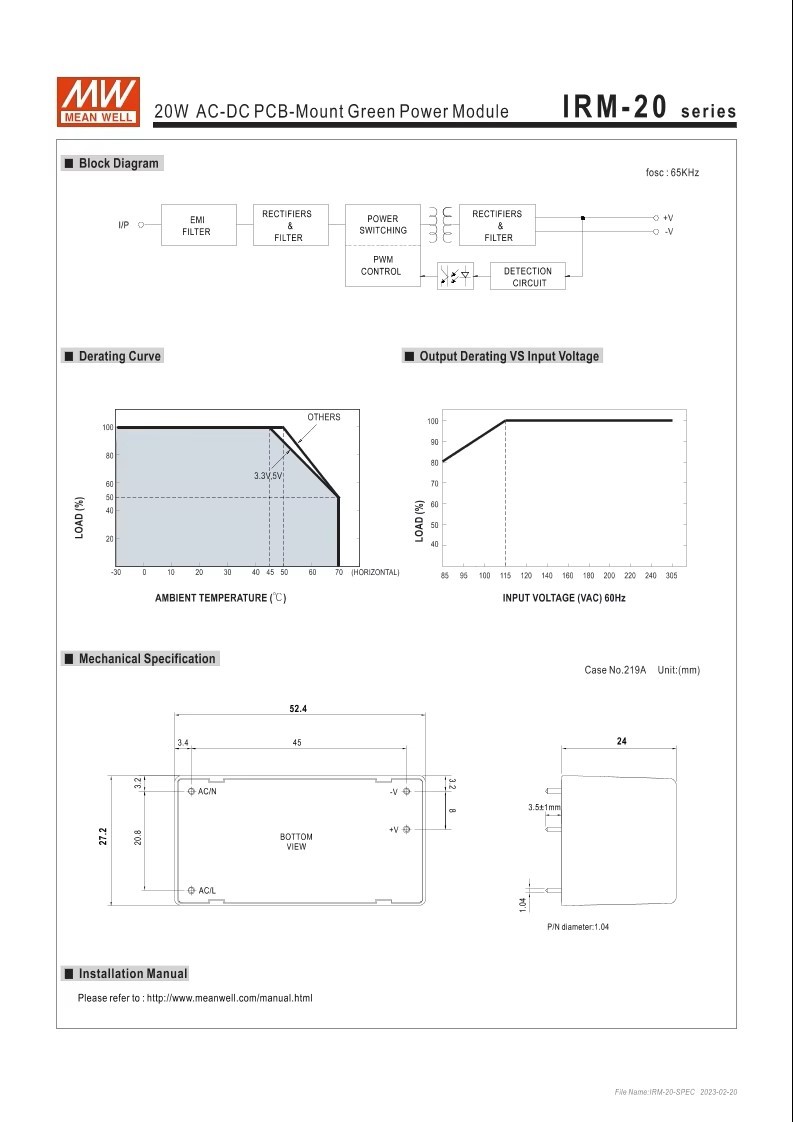 Bộ nguồn MEAN WELL IRM -20-24 21.6W 24V 0.9A loại chân cắm Cấp nguồn 85VAC-364VAC / 120VDC-370VDC