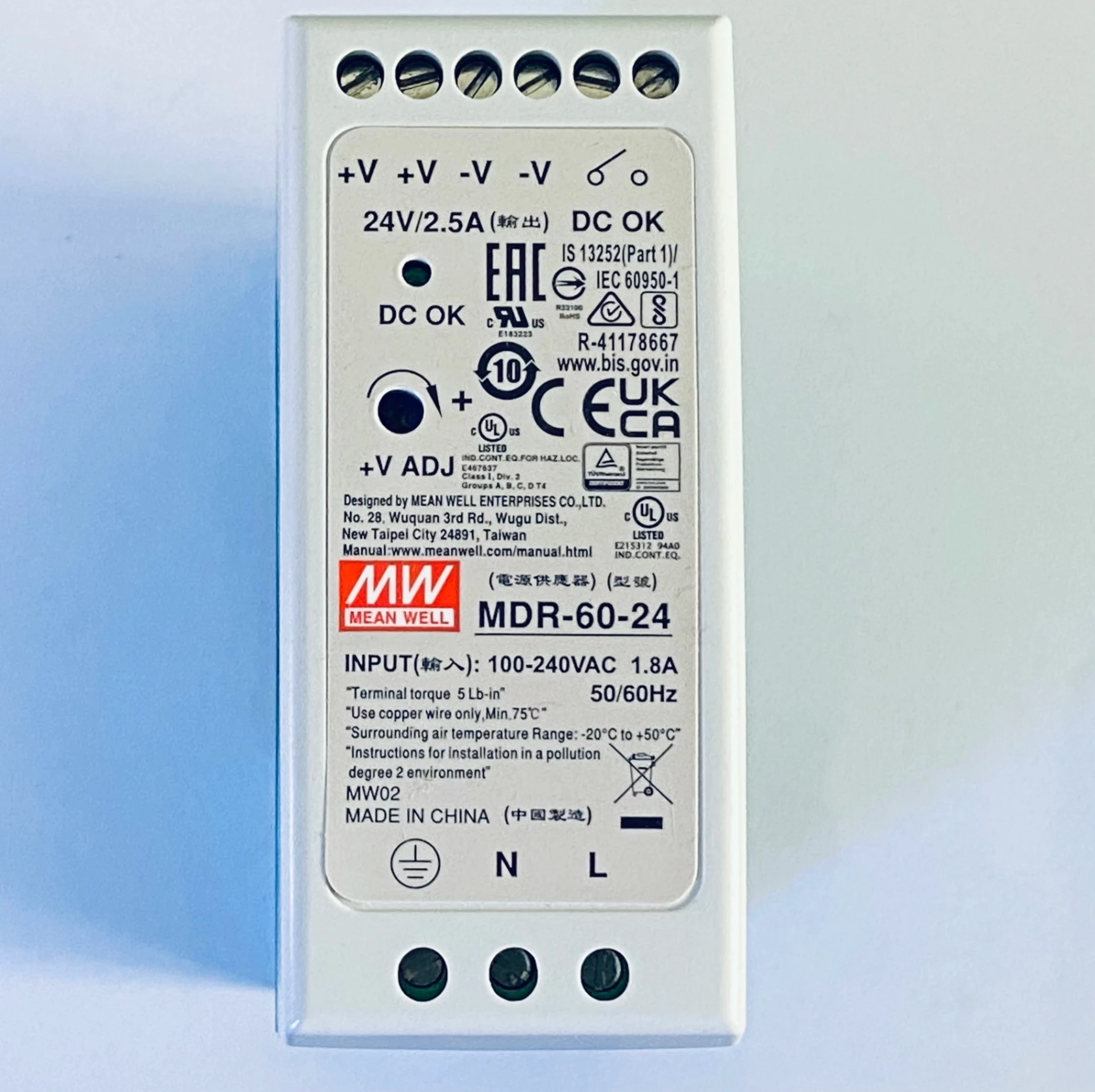 Bộ nguồn MDR-60-24 MEAN WELL 60W 24V 2.5A Cấp nguồn 85VAC-264VAC / 120VDC-370VDC bộ nguồn gài ray