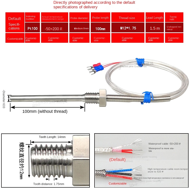 Pt100 Cảm Biến Nhiệt Độ Chống Nước Ren Cố Định | Đầu Dò 50-100mm | -50~200°C | Dây 1.5m | Thép Không Gỉ | Hàng Chính Hãng - M12 * 1.75/φ 6*100mm