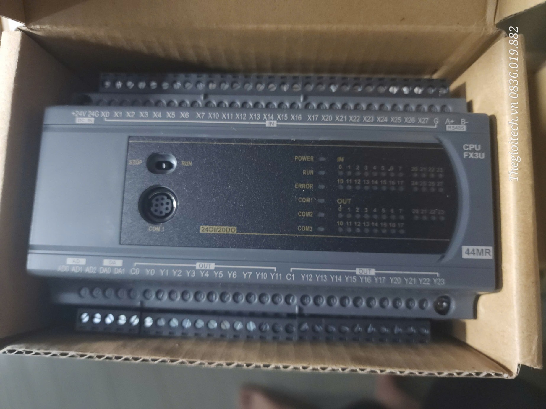 Board mạch PLC ES FX3U 44MR 24 input 20 output relay - RS232/RS485, hỗ trợ analog 4AD/2DA , 24VDC, GX Works2 Mitsubishi -ES3U44MR4AD2DA - 0-10V