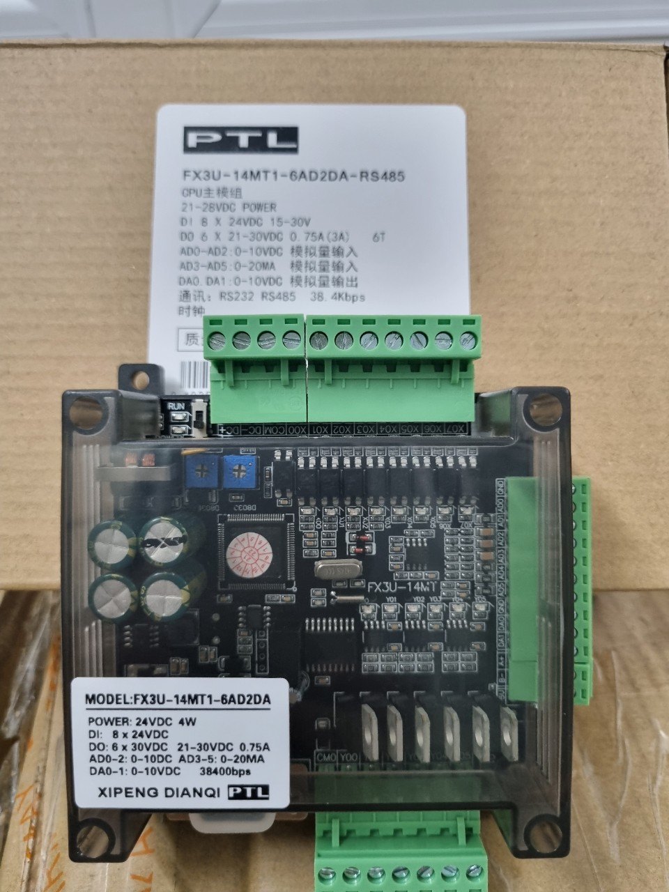 Board Mạch PLC Mitsubishi PTL FX3U-14MT-6AD-2DA 8 In 6 Out Transistor RS232 RS485 MODBUS RTU GX Works2 Analog 0-10V 0-20mA