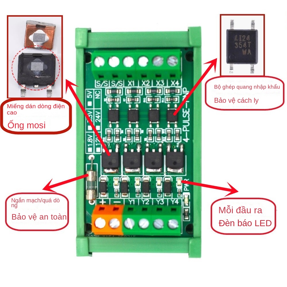 Bảng khuếch đại PLC 4 kênh – Output PNP/NPN, quang cách ly, transistor dán - 12 kênh PNP (ngõ ra mức cao) - 3.3-5.0V