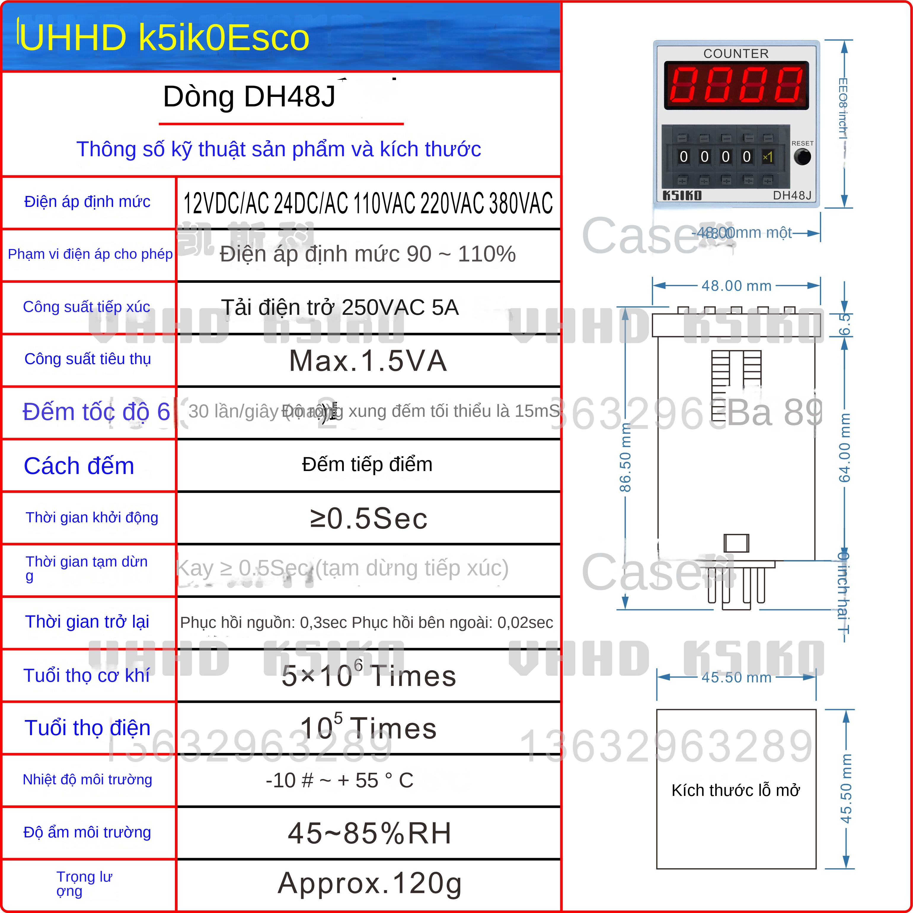 Bộ đếm kỹ thuật số VHHD DH48J/DH48J-A/DH48J-8 – Hiển thị LED, độ chính xác cao, giá ưu đãi – DH48JA 110VAC 8 chân