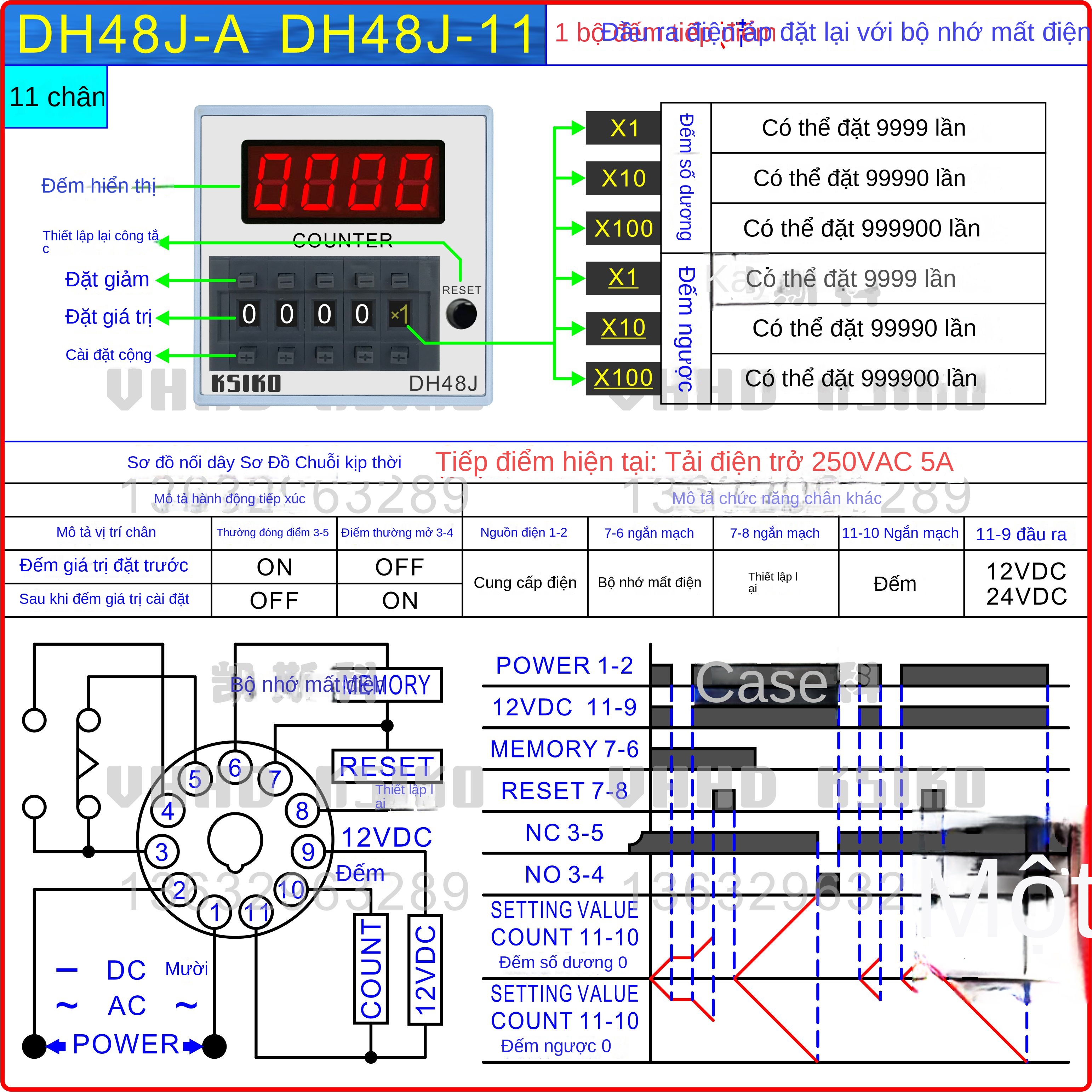 Bộ đếm kỹ thuật số VHHD DH48J/DH48J-A/DH48J-8 – Hiển thị LED, độ chính xác cao, giá ưu đãi – DH48JA 380VAC 8 chân
